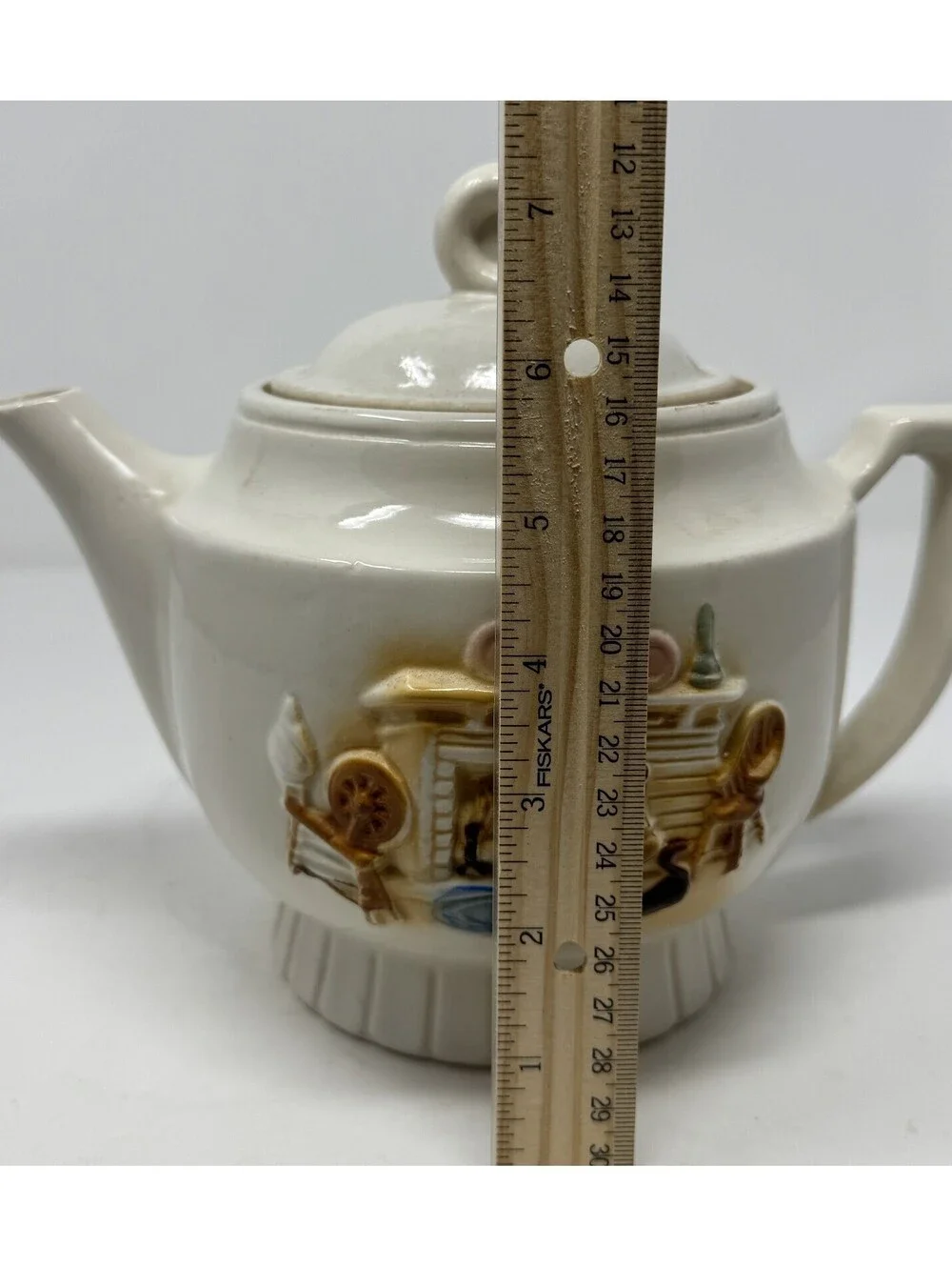 Vintage 1930's Porcelier Teapot Tea Pot Hearth Home Scene USA Vitreous China
